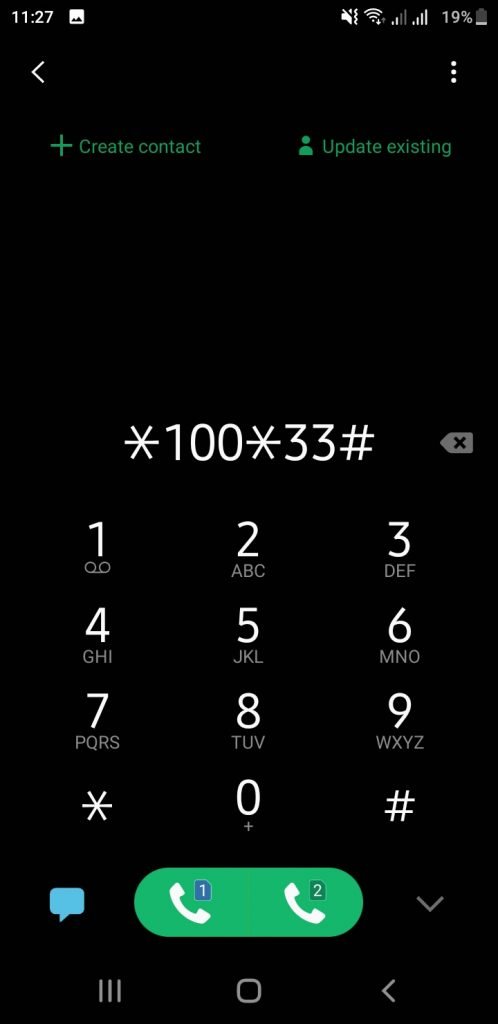 صفحه شماره گیری موبایل که کد ussd  #33*100* برای فعالسازی بسته اینترنت نامحدود همراه اول در آن نوشته شده