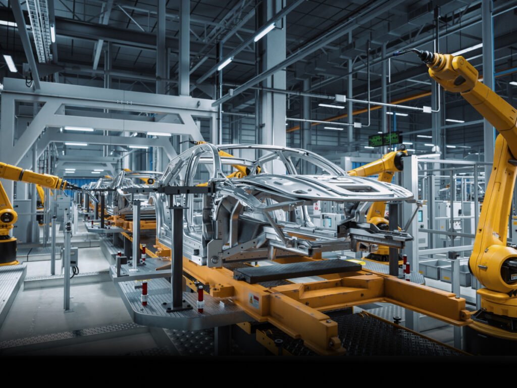 خط تولید خودرو در مرحله اتصال شاسی و بدنه