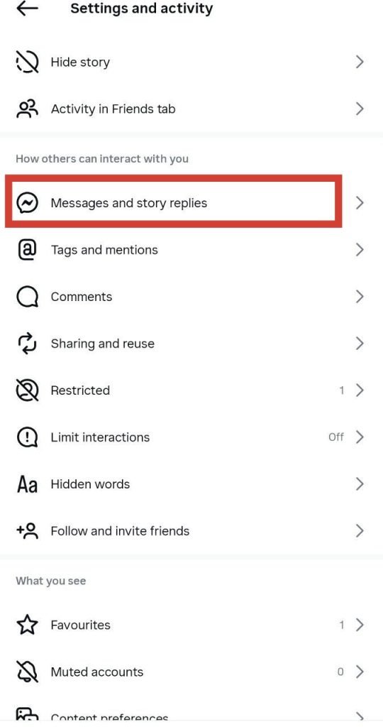 تنظیمات درخواست پیام اینستا