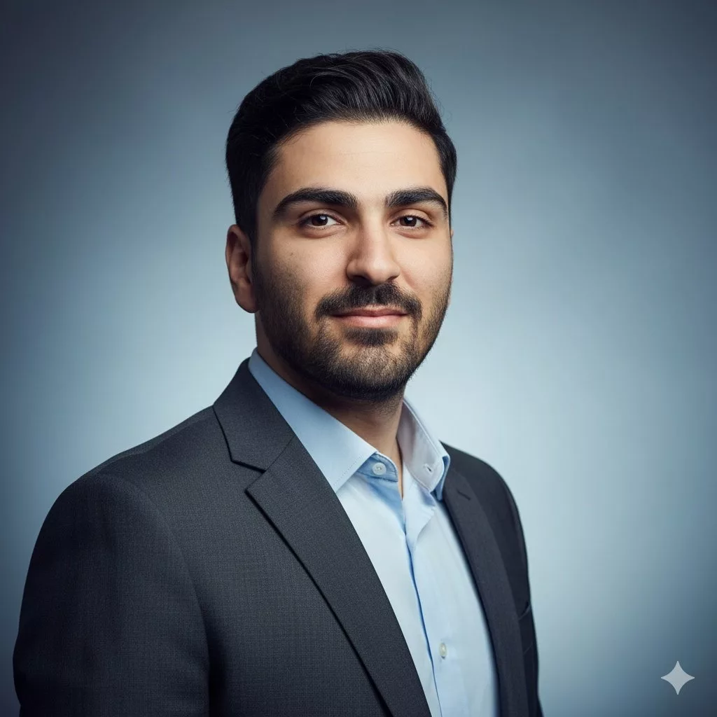 پروفایل حرفه ای لینکدین ساخته شده با هوش مصنوعی از مردی با کت و شلوار