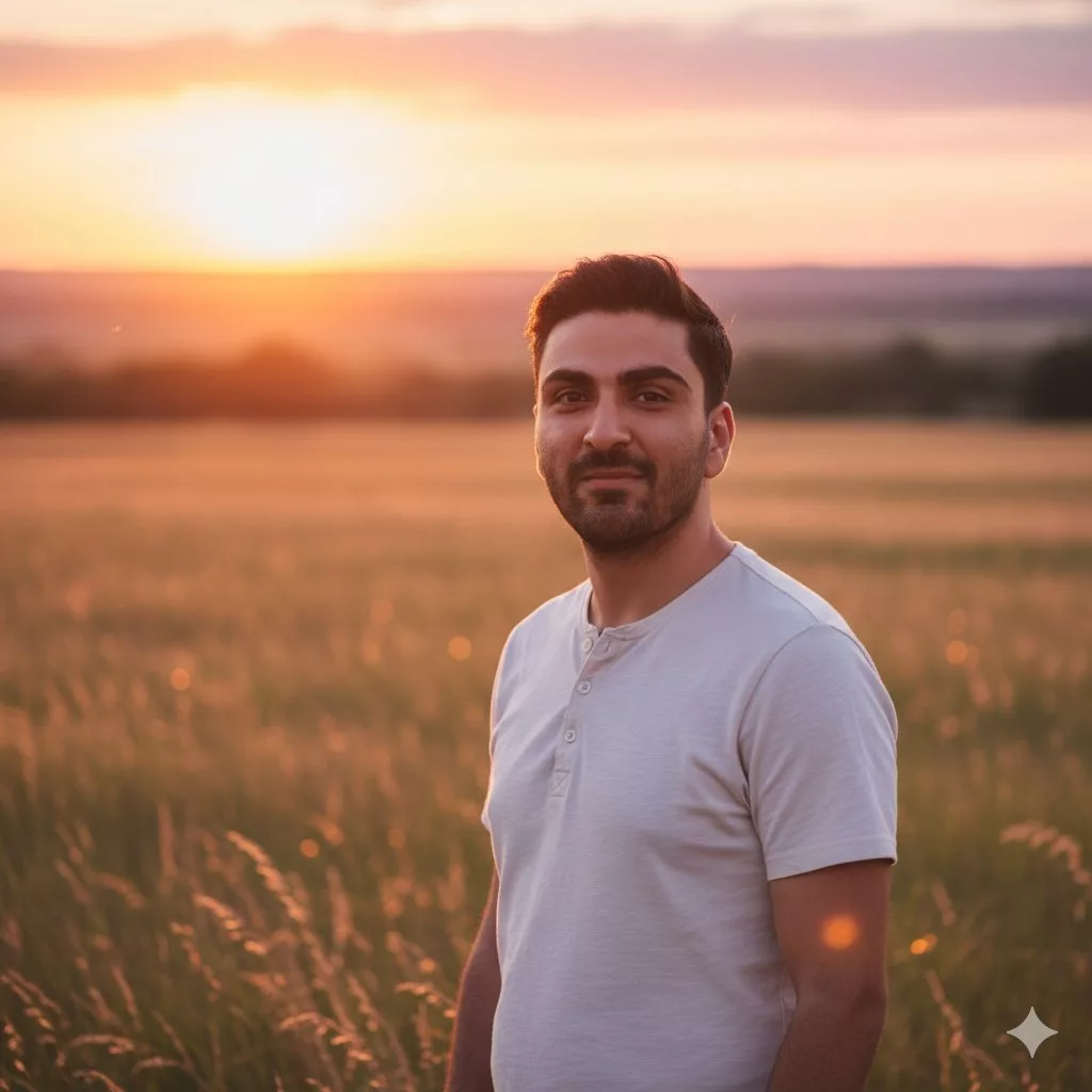 مردی در گندم زار پشت به غروب آفتاب ایستاده