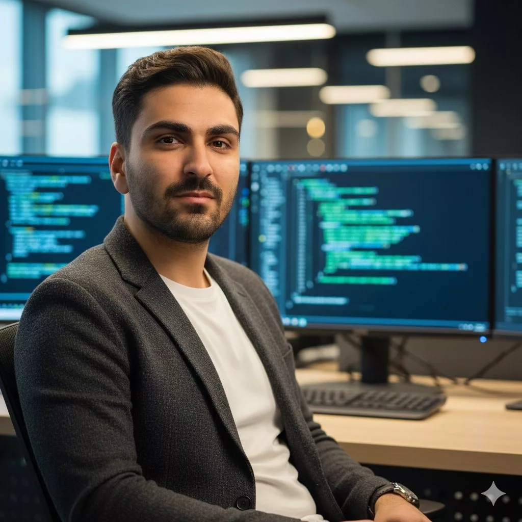 مردی در دفتر کار پشت به چند مانیتور