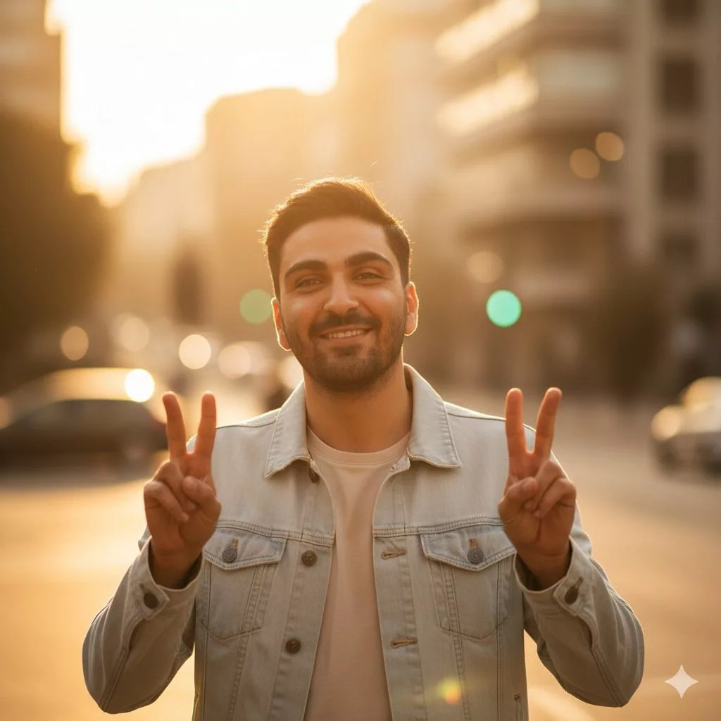 پروفایل اینستاگرام مردی با لبخند که با دستانش علامت پیروزی را نشان میدهد