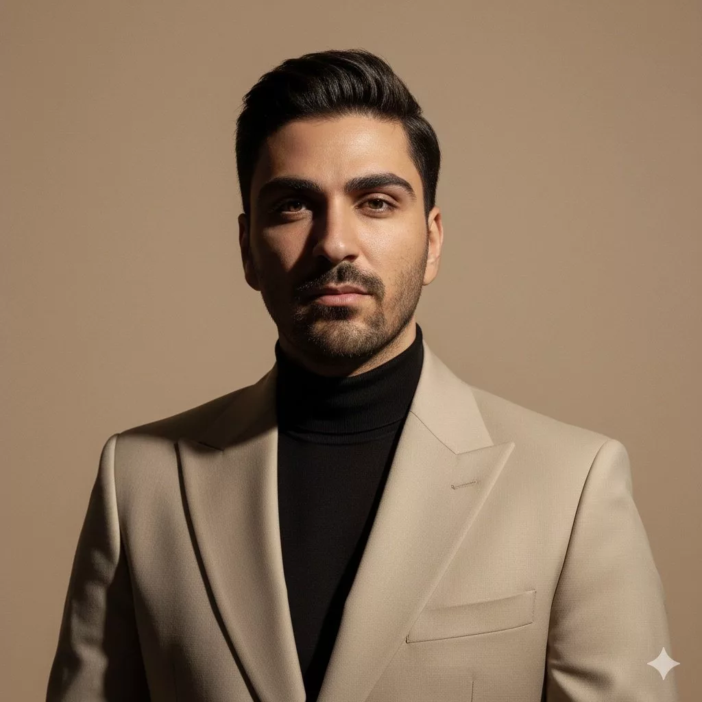 پرتره مردی با کت کرمی رنگ ساخته شده با هوش مصنوعی