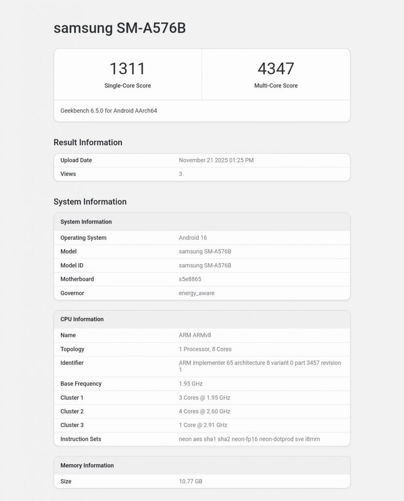 نتایج بنچمارک گیک بنچ گلکسی A57