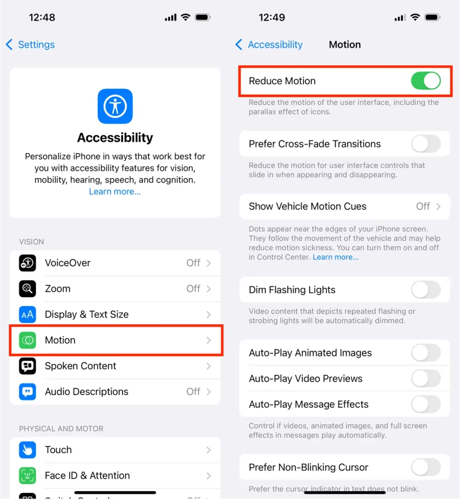 قابلیت Reduce Motion آیفون