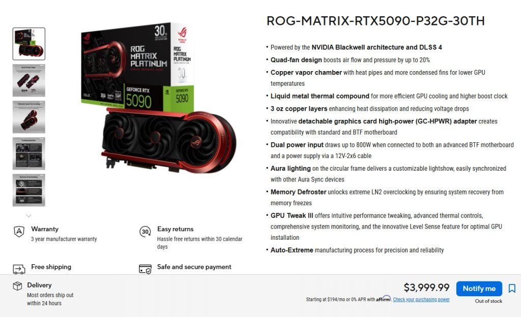 مشخصات نسخه پرمیوم ROG Matrix RTX 5090 ایسوس
