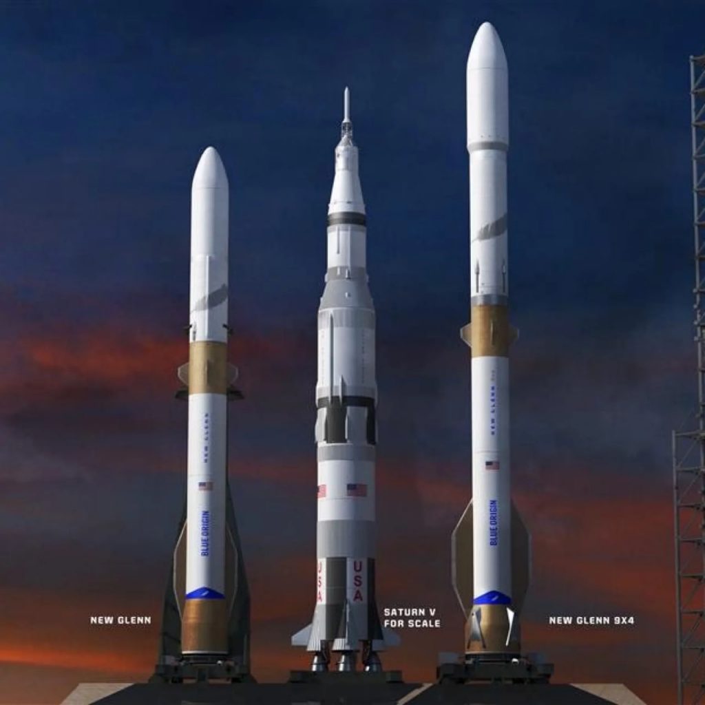 نیو گلن جدید در کنار موشک Saturn V Apollo ناسا 