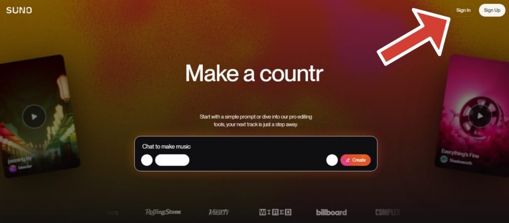 صفحه اصلی وب‌سایت Suno