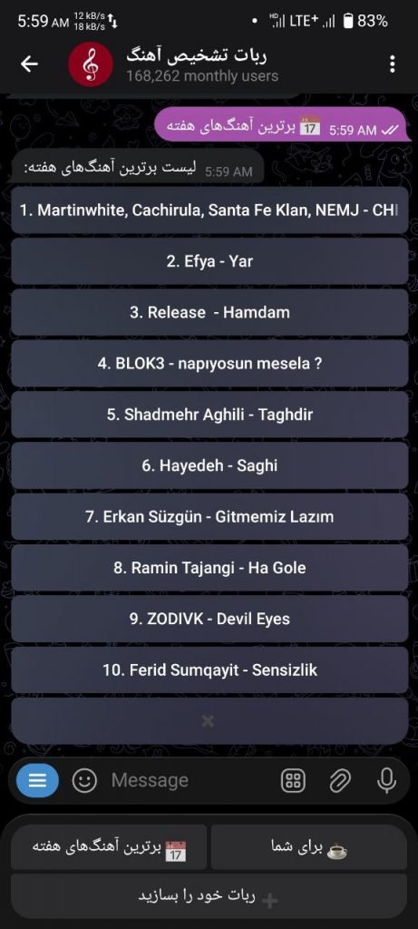 نمایش برترین آهنگهای هفته در ربات تشخیص آهنگ