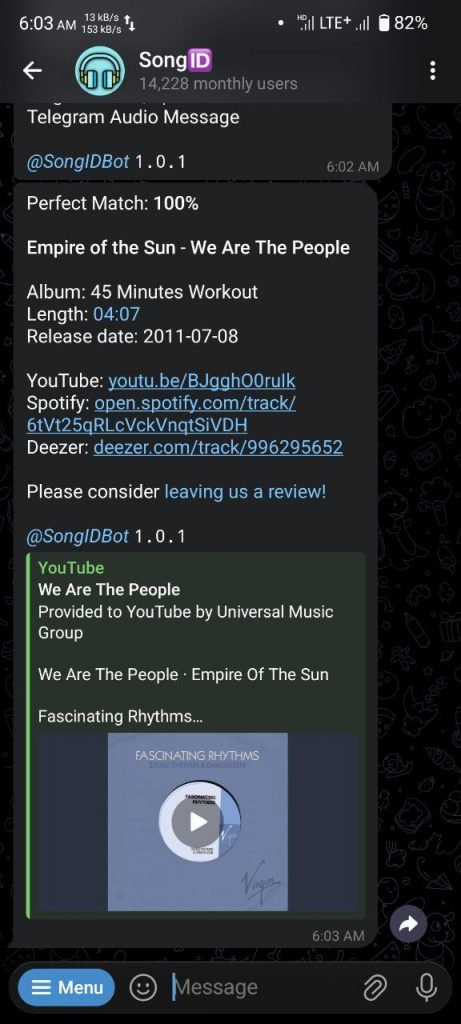 نمایش نتیجه جستجوی صوتی ربات اهنگ یاب SongID