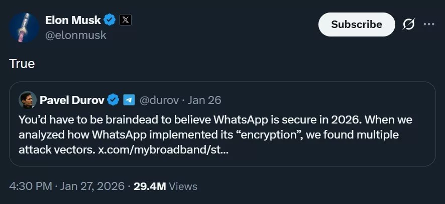 حمله پاول دورف و ایلان ماسک به واتساپ