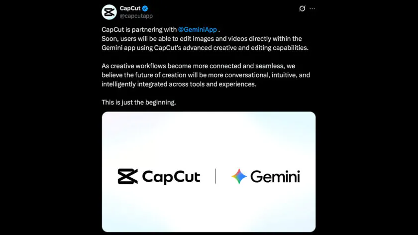 توییت CapCut درباره اضافه شدن به جمینای
