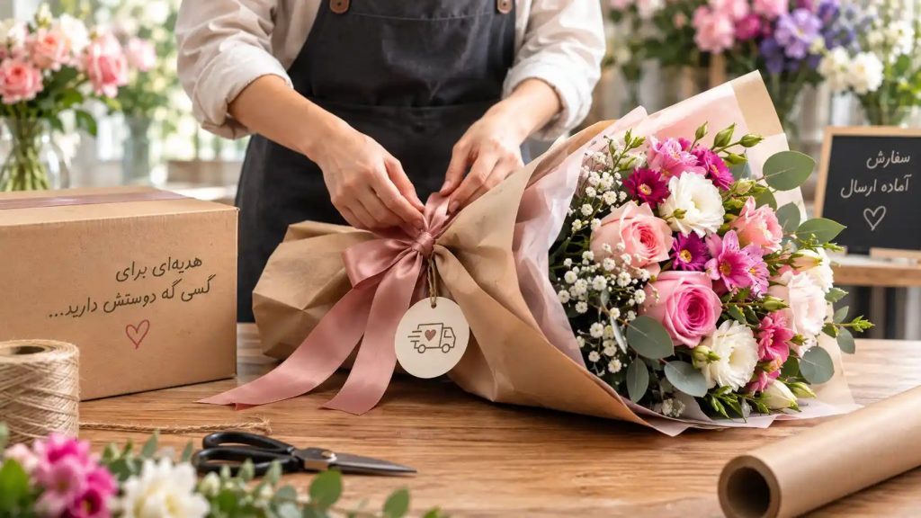 بسته‌بندی و آماده‌سازی سفارش گل برای ارسال به گیرنده
