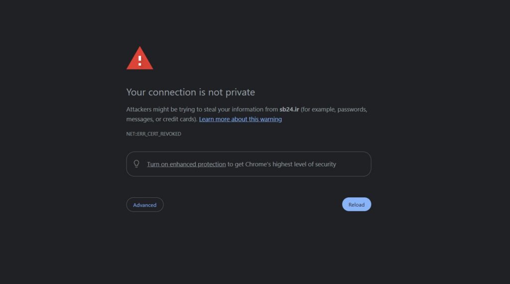 Browser security warning displayed instead of an Iranian bank website because of an invalid SSL certificate