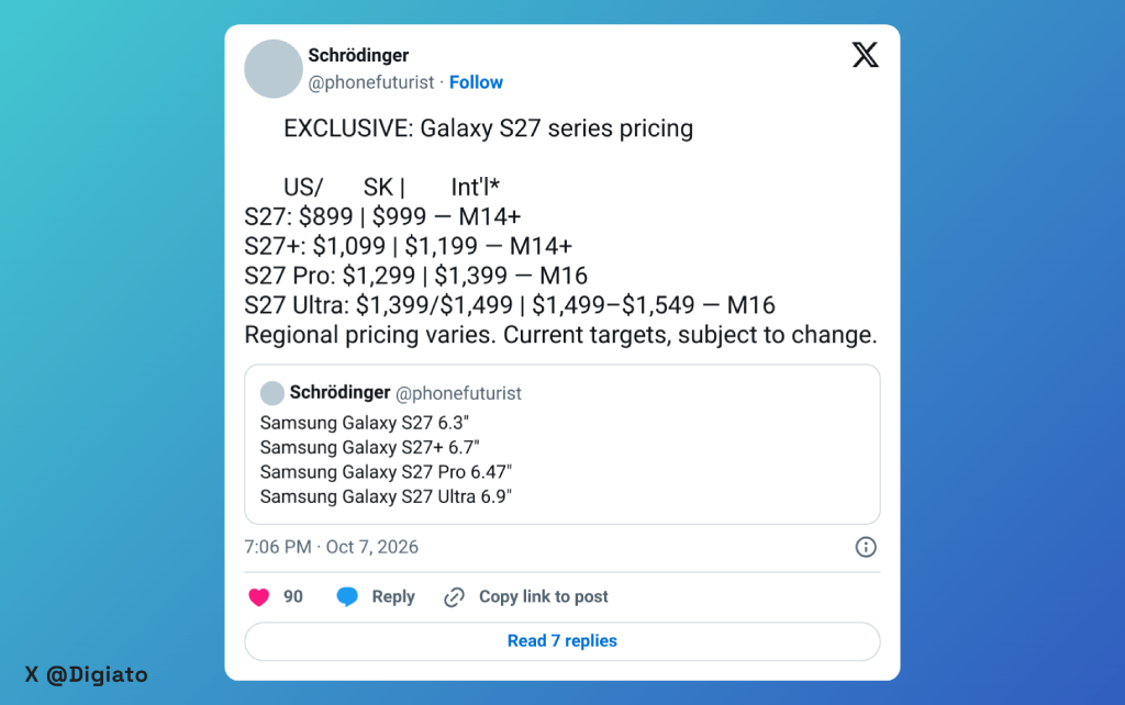 پست یک افشاگر پیرامون قیمت سری <a href='https://sayeb.ir/tag/%da%af%d9%84%da%a9%d8%b3%db%8c'></div>گلکسی</a> S27 در ایکس
